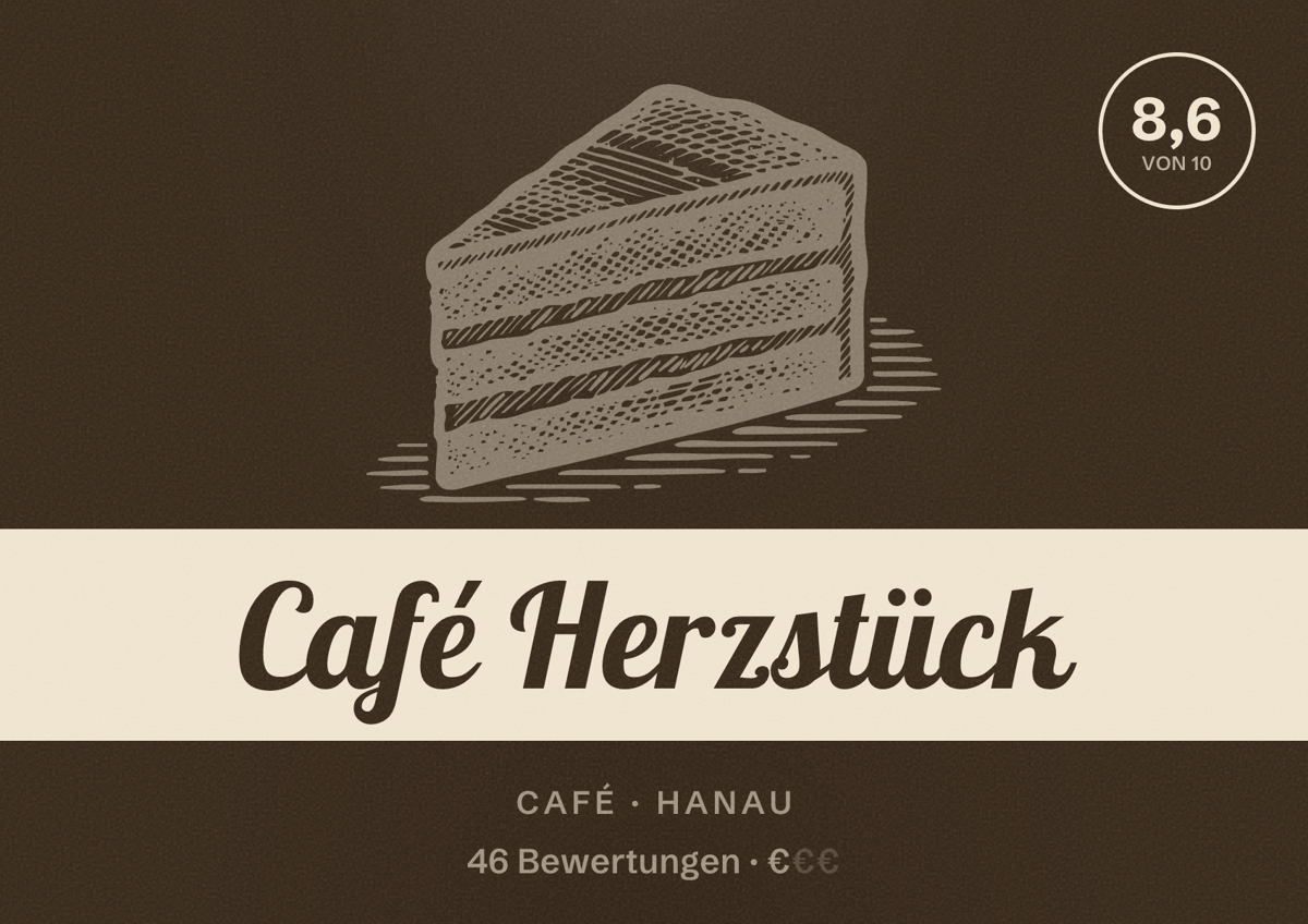 Illustriertes Poster von Café Herzstück, Café in Hanau: Bewertung 8,6 von 10 aus 46 Bewertungen, Preisniveau €