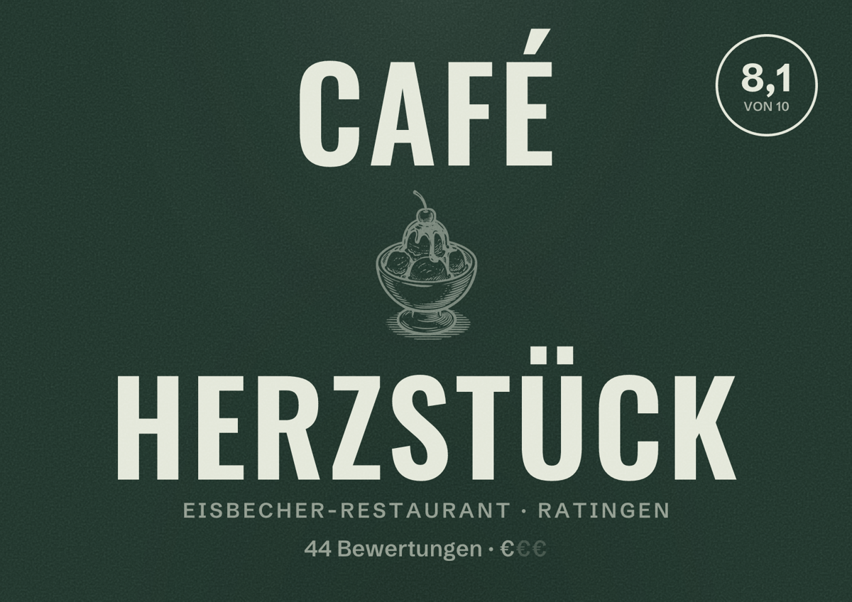 Illustriertes Poster von Café Herzstück, Eisbecher-Restaurant in Ratingen: Bewertung 8,1 von 10 aus 44 Bewertungen, Preisniveau €