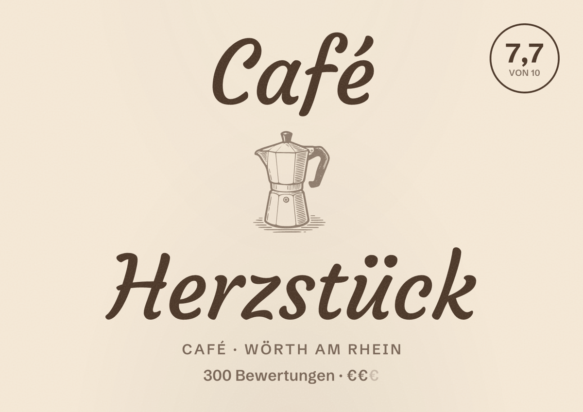 Illustriertes Poster von Café Herzstück, Café in Wörth am Rhein: Bewertung 7,7 von 10 aus 300 Bewertungen, Preisniveau €€