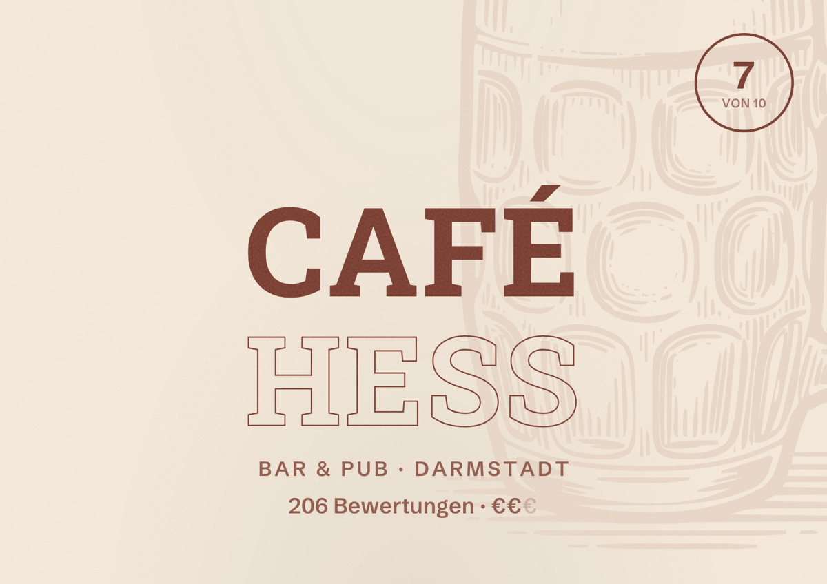 Illustriertes Poster von Café Hess, Bar & Pub in Darmstadt: Bewertung 7 von 10 aus 206 Bewertungen, Preisniveau €€