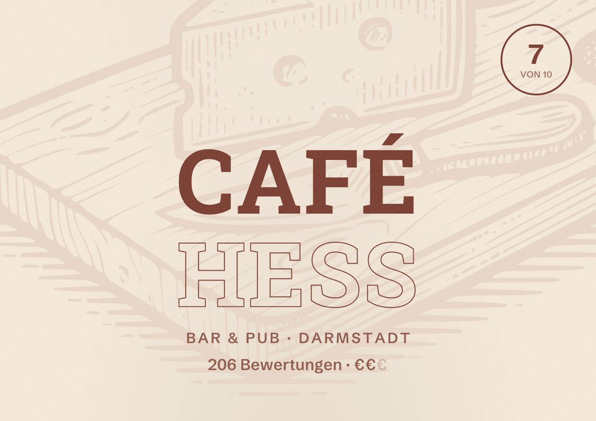 Illustriertes Poster von Café Hess, Bar & Pub in Darmstadt: Bewertung 7,0 von 10 aus 206 Bewertungen, Preisniveau €€