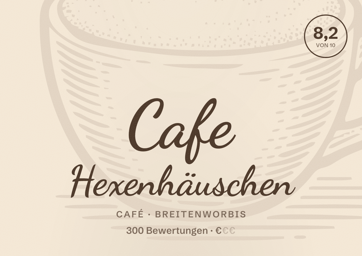 Illustriertes Poster von Cafe Hexenhäuschen, Café in Breitenworbis: Bewertung 8,2 von 10 aus 300 Bewertungen, Preisniveau €