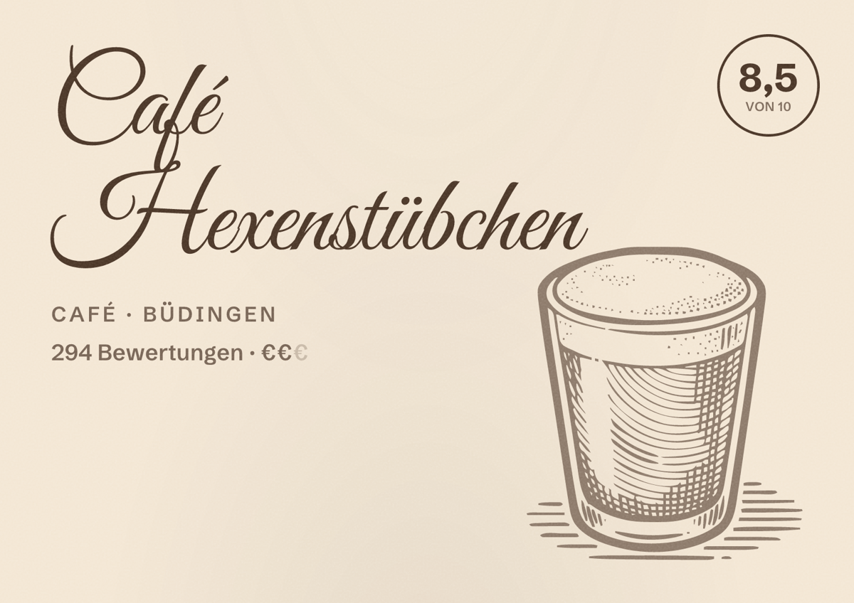 Illustriertes Poster von Café Hexenstübchen, Café in Büdingen: Bewertung 8,5 von 10 aus 294 Bewertungen, Preisniveau €€
