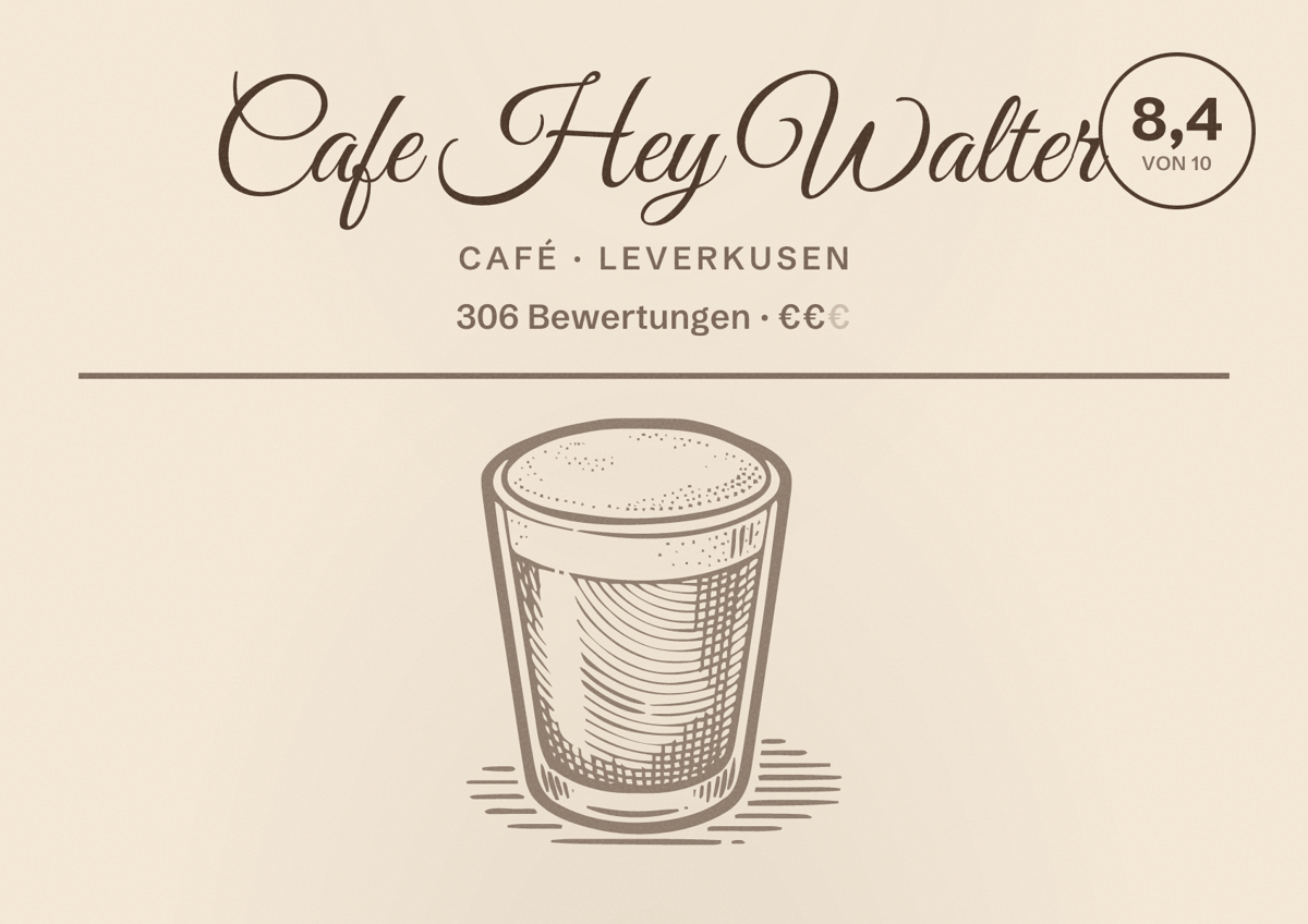 Illustriertes Poster von Cafe Hey Walter, Café in Leverkusen: Bewertung 8,4 von 10 aus 306 Bewertungen, Preisniveau €€