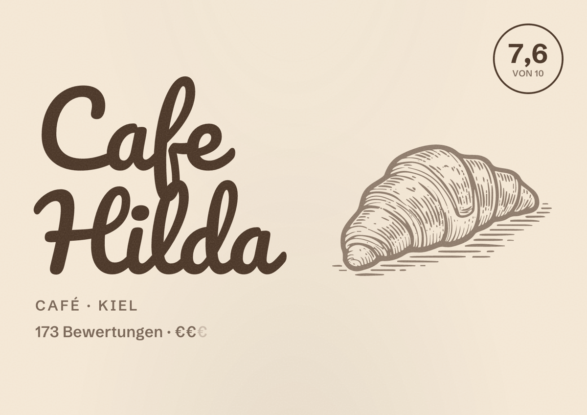 Illustriertes Poster von Cafe Hilda, Café in Kiel: Bewertung 7,6 von 10 aus 173 Bewertungen, Preisniveau €€