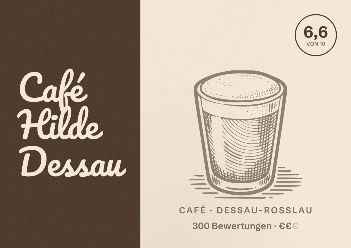 Illustriertes Poster von Café Hilde Dessau, Café in Dessau-Roßlau: Bewertung 6,6 von 10 aus 300 Bewertungen, Preisniveau €€
