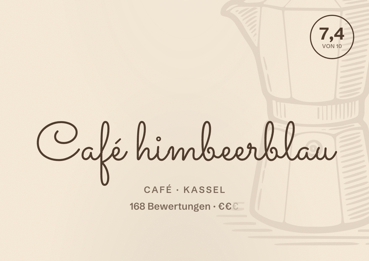 Illustriertes Poster von Café himbeerblau, Café in Kassel: Bewertung 7,4 von 10 aus 168 Bewertungen, Preisniveau €€