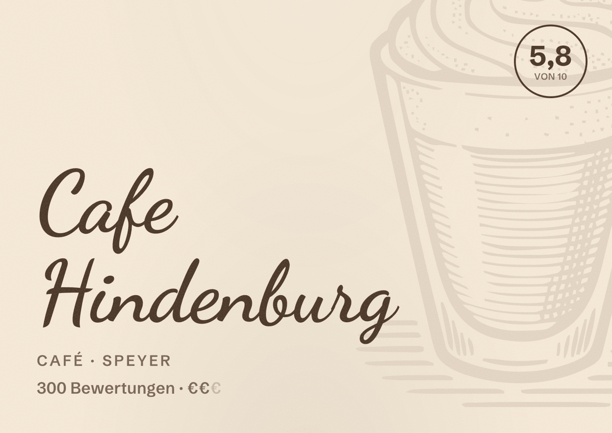 Illustriertes Poster von Cafe Hindenburg, Café in Speyer: Bewertung 5,8 von 10 aus 300 Bewertungen, Preisniveau €€