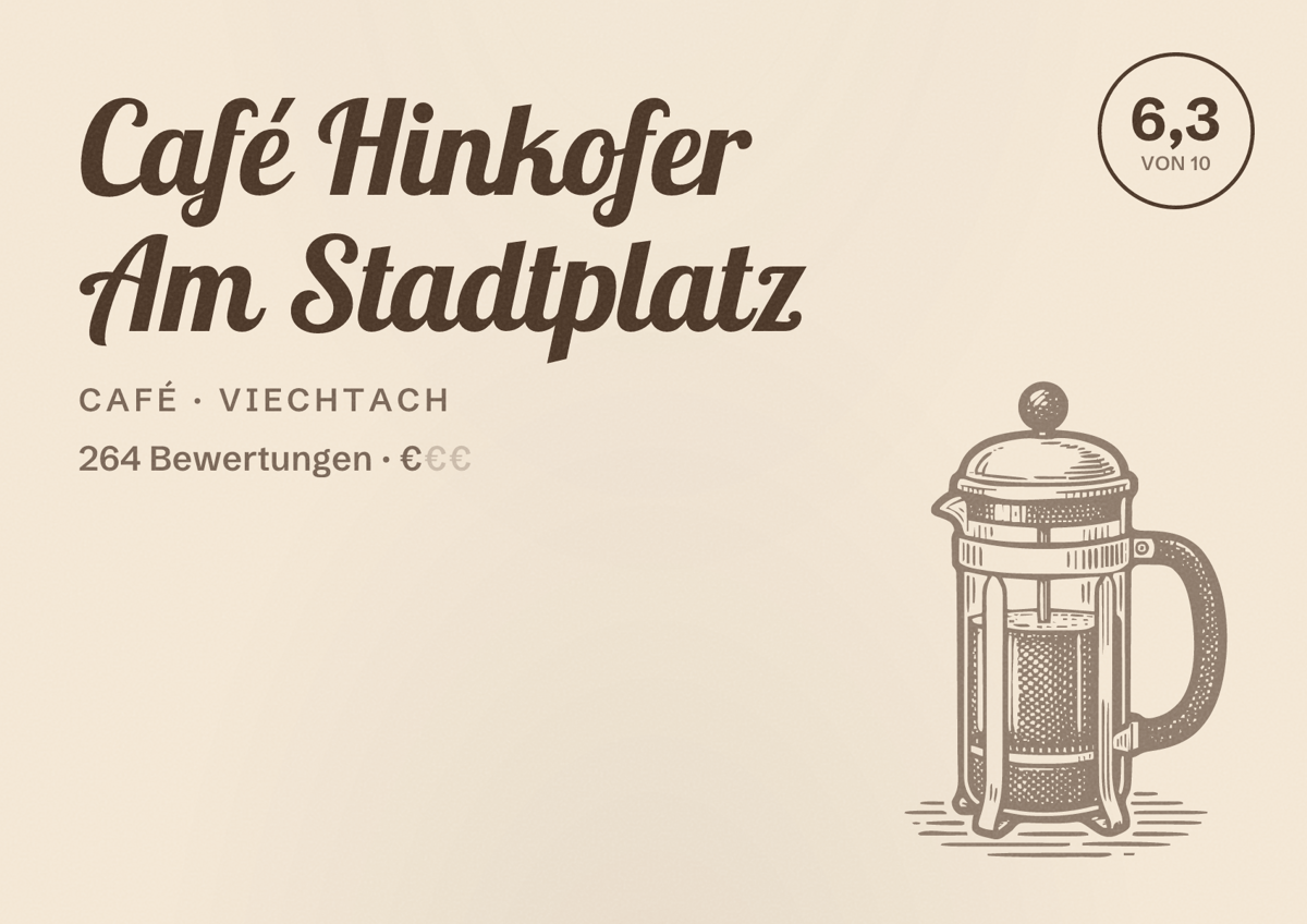 Illustriertes Poster von Café Hinkofer Am Stadtplatz, Café in Viechtach: Bewertung 6,3 von 10 aus 264 Bewertungen, Preisniveau €