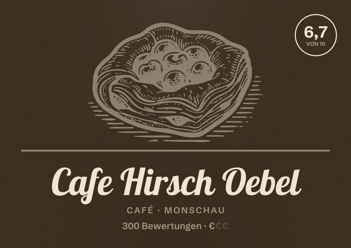 Illustriertes Poster von Cafe Hirsch Oebel, Café in Monschau: Bewertung 6,7 von 10 aus 300 Bewertungen, Preisniveau €