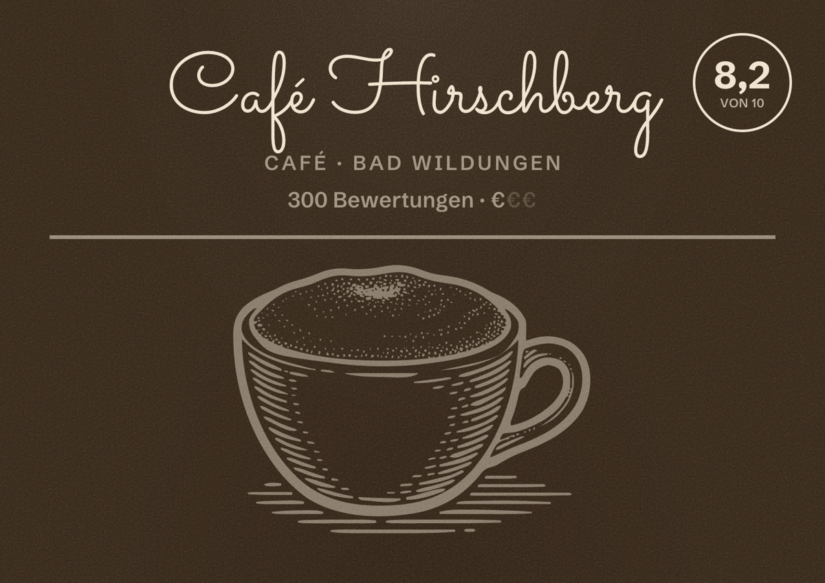 Illustriertes Poster von Café Hirschberg, Café in Bad Wildungen: Bewertung 8,2 von 10 aus 300 Bewertungen, Preisniveau €