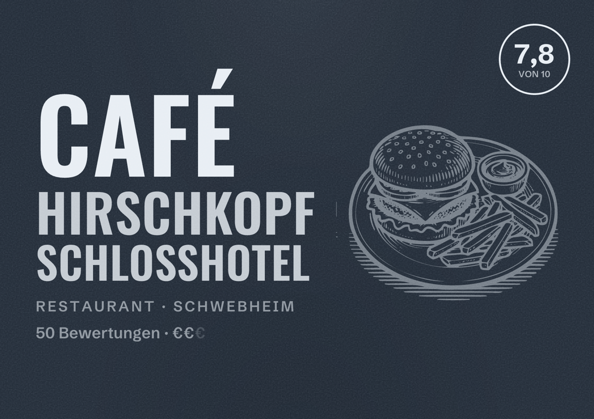 Illustriertes Poster von Café Hirschkopf Schlosshotel, Restaurant in Schwebheim: Bewertung 7,8 von 10 aus 50 Bewertungen, Preisniveau €€