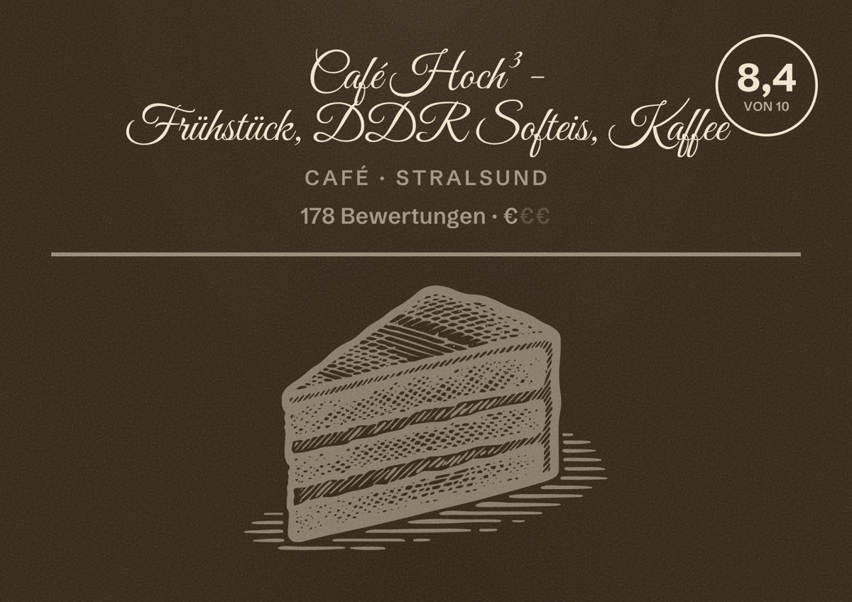 Illustriertes Poster von Café Hoch³ - Frühstück, DDR Softeis, Kaffee, Café in Stralsund: Bewertung 8,4 von 10 aus 178 Bewertungen, Preisniveau €
