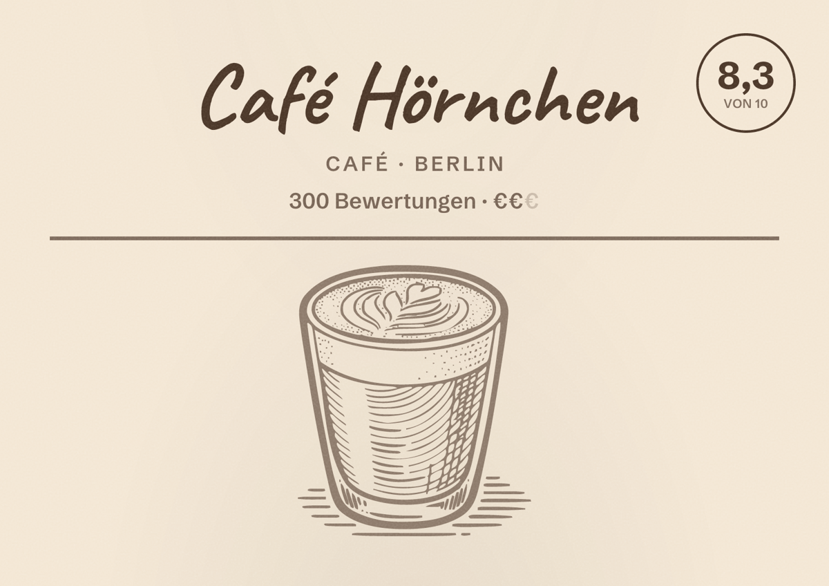 Illustriertes Poster von Café Hörnchen, Café in Berlin: Bewertung 8,3 von 10 aus 300 Bewertungen, Preisniveau €€
