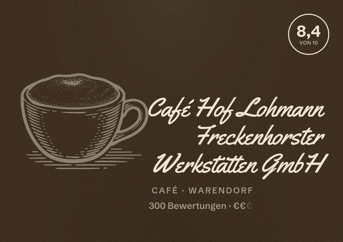 Illustriertes Poster von Café Hof Lohmann Freckenhorster Werkstätten GmbH, Café in Warendorf: Bewertung 8,4 von 10 aus 300 Bewertungen, Preisniveau €€