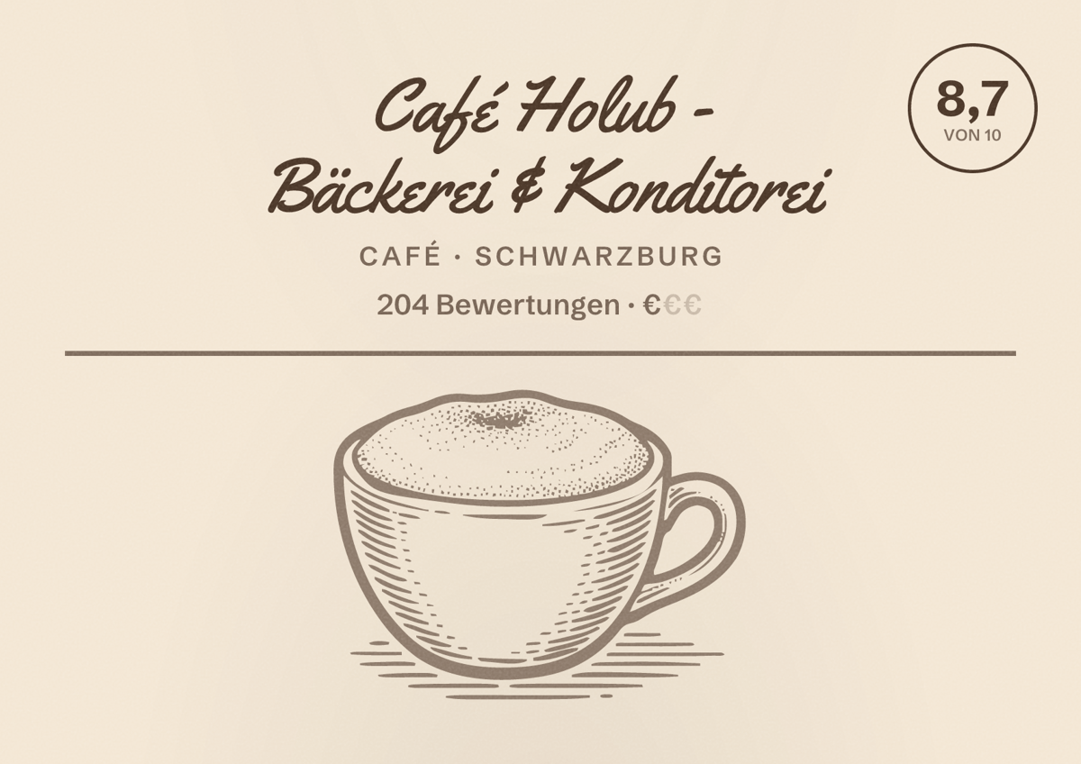 Illustriertes Poster von Café Holub - Bäckerei & Konditorei, Café in Schwarzburg: Bewertung 8,7 von 10 aus 204 Bewertungen, Preisniveau €
