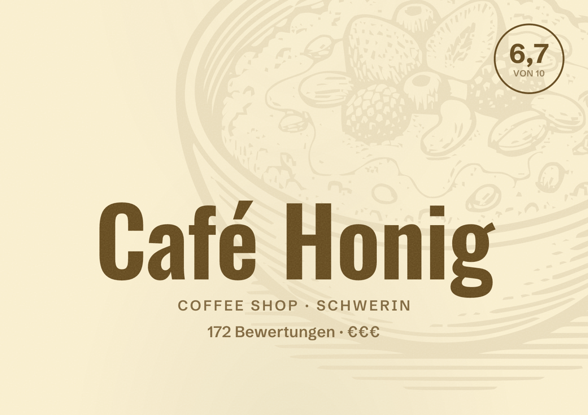 Illustriertes Poster von Café Honig, Coffee Shop in Schwerin: Bewertung 6,7 von 10 aus 172 Bewertungen, Preisniveau €€€
