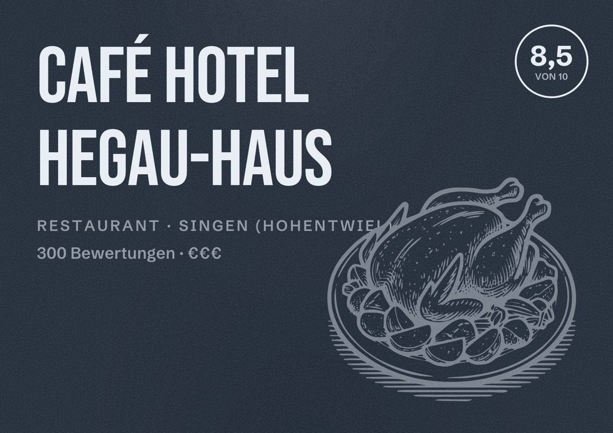 Illustriertes Poster von Café Hotel Hegau-Haus, Restaurant in Singen (Hohentwiel): Bewertung 8,5 von 10 aus 300 Bewertungen, Preisniveau €€€