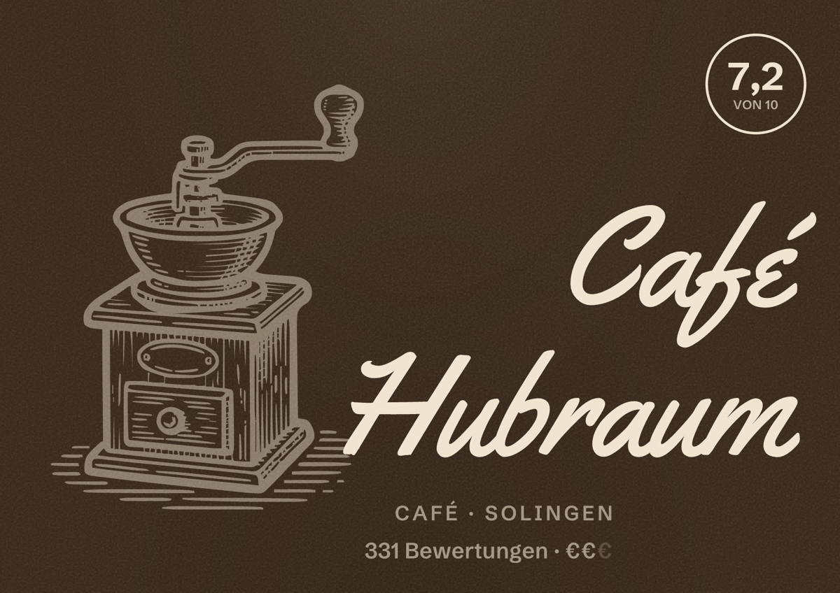 Illustriertes Poster von Café Hubraum, Café in Solingen: Bewertung 7,2 von 10 aus 331 Bewertungen, Preisniveau €€