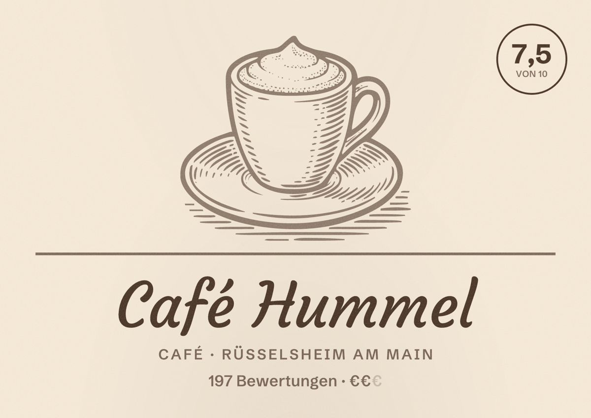 Illustriertes Poster von Café Hummel, Café in Rüsselsheim am Main: Bewertung 7,5 von 10 aus 197 Bewertungen, Preisniveau €€
