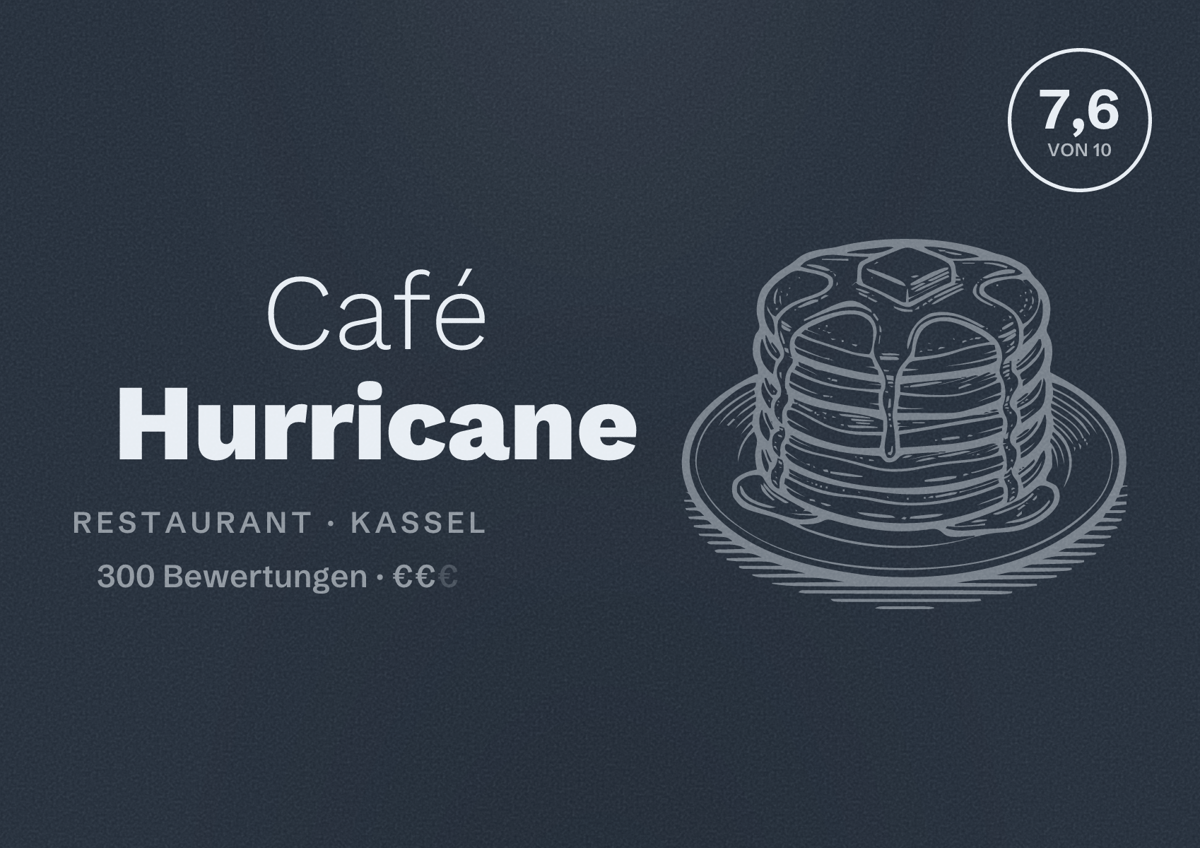 Illustriertes Poster von Café Hurricane, Restaurant in Kassel: Bewertung 7,6 von 10 aus 300 Bewertungen, Preisniveau €€