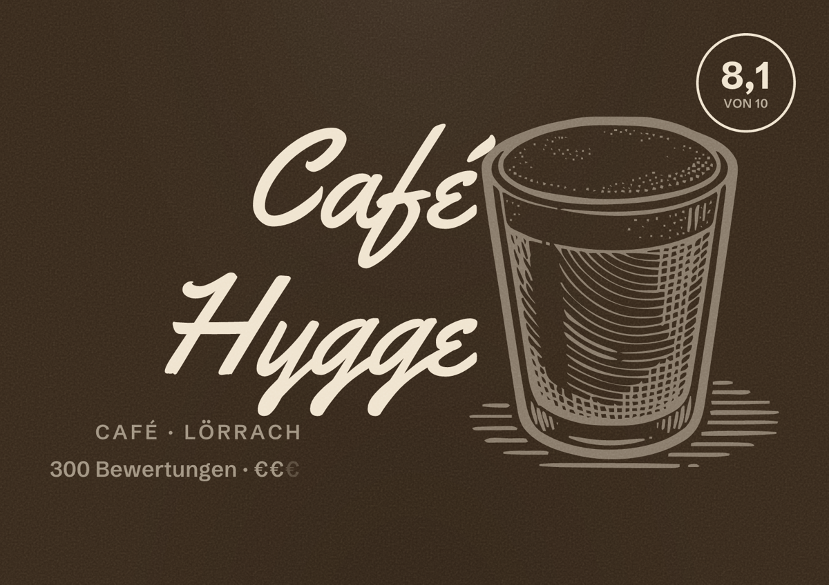 Illustriertes Poster von Café Hygge, Café in Lörrach: Bewertung 8,1 von 10 aus 300 Bewertungen, Preisniveau €€