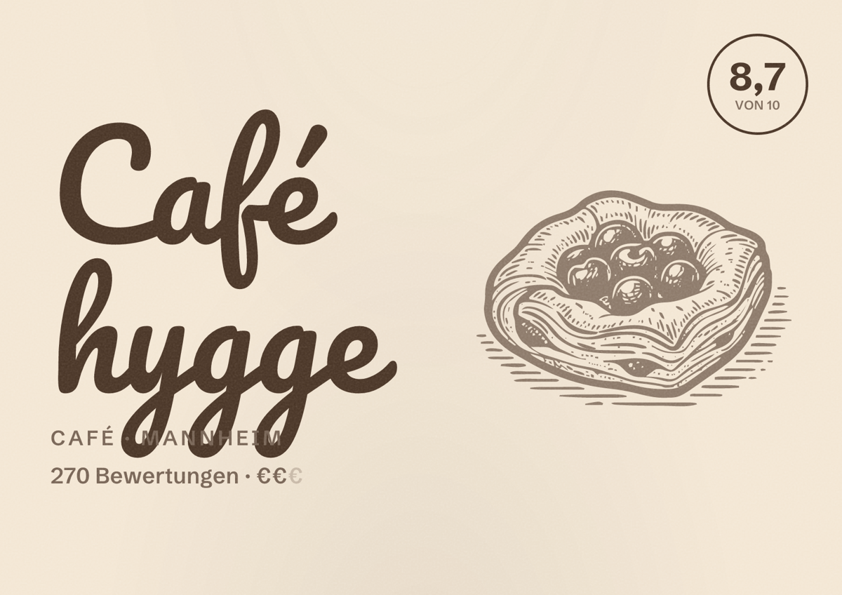 Illustriertes Poster von Café hygge, Café in Mannheim: Bewertung 8,7 von 10 aus 270 Bewertungen, Preisniveau €€
