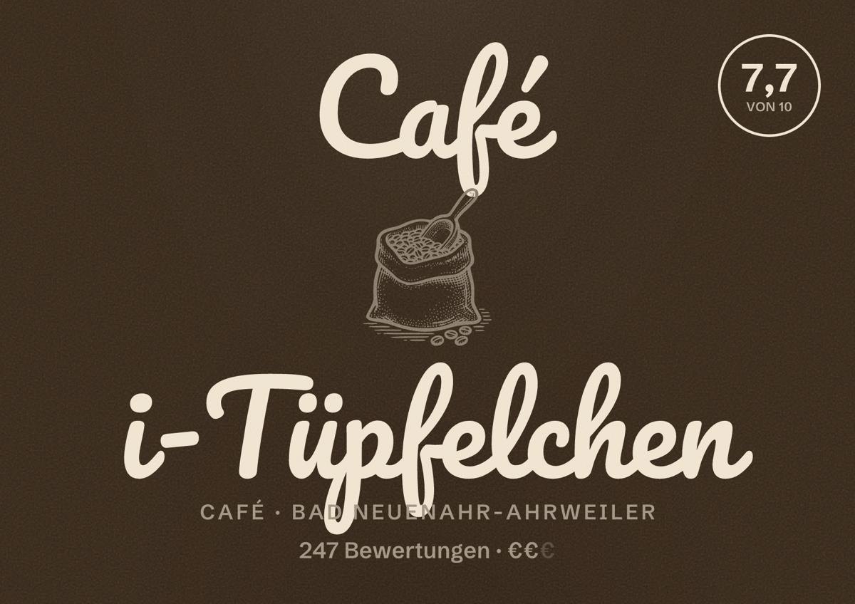 Illustriertes Poster von Café i-Tüpfelchen, Café in Bad Neuenahr-Ahrweiler: Bewertung 7,7 von 10 aus 247 Bewertungen, Preisniveau €€