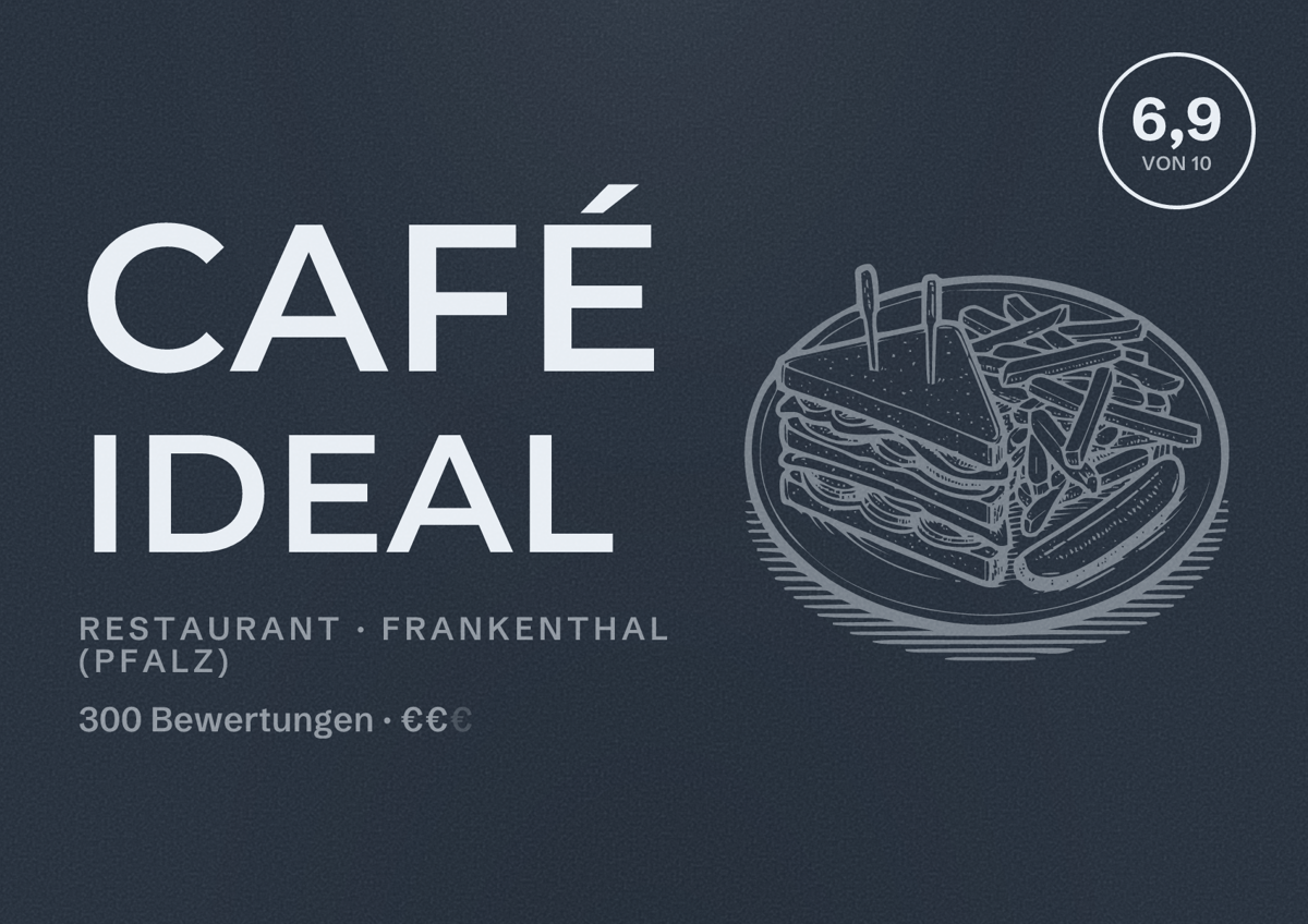 Illustriertes Poster von Café Ideal, Restaurant in Frankenthal (Pfalz): Bewertung 6,9 von 10 aus 300 Bewertungen, Preisniveau €€