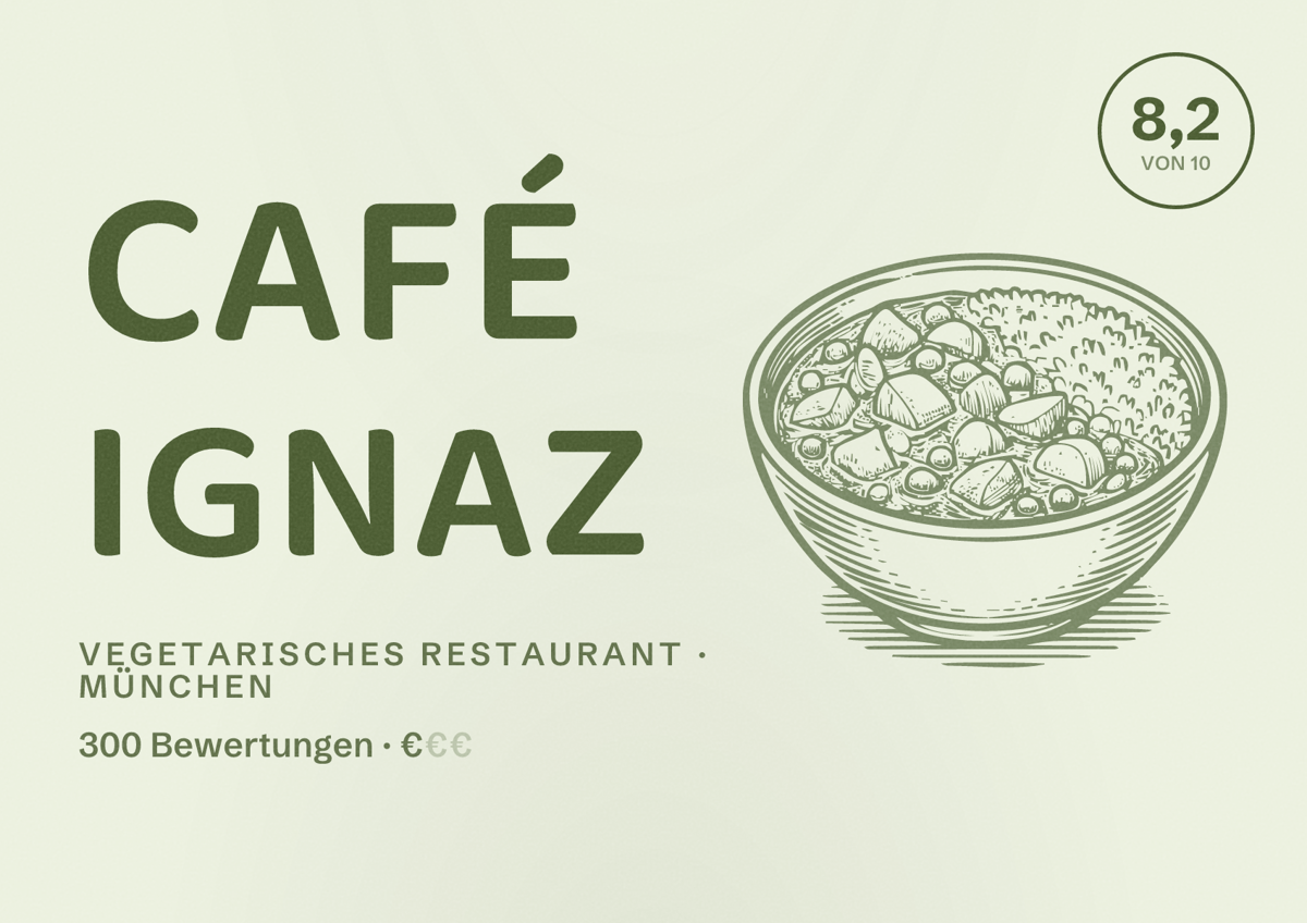 Illustriertes Poster von Café Ignaz, Vegetarisches Restaurant in München: Bewertung 8,2 von 10 aus 300 Bewertungen, Preisniveau €