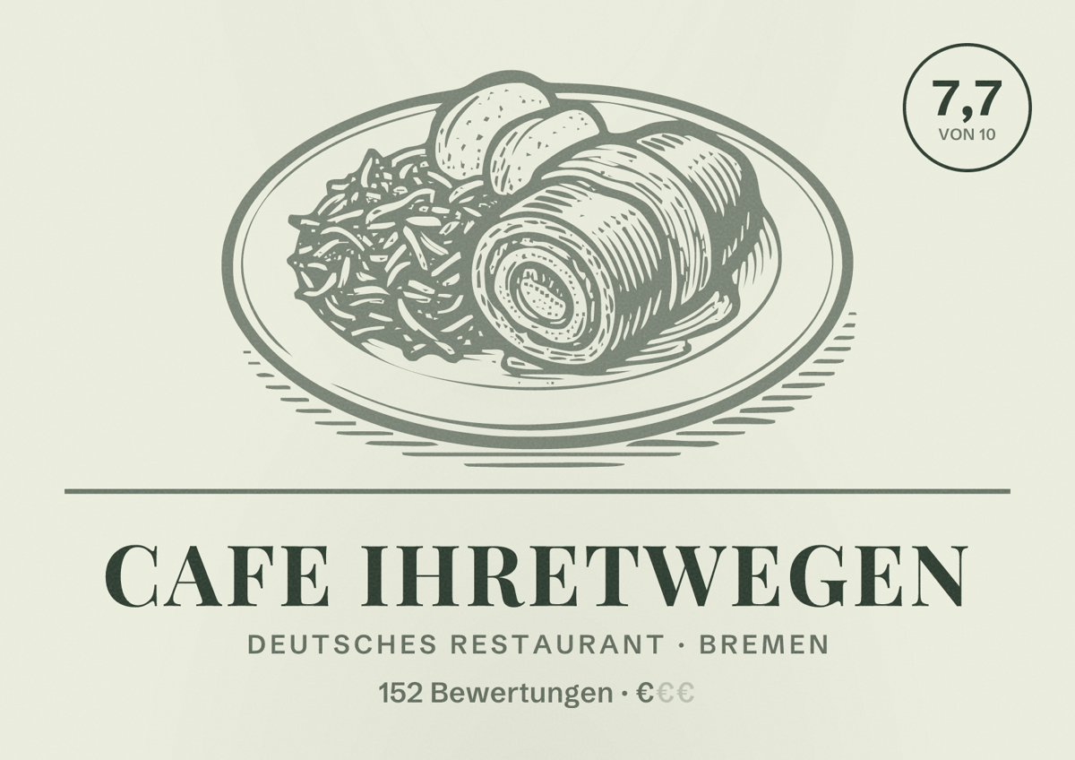 Illustriertes Poster von Cafe Ihretwegen, Deutsches Restaurant in Bremen: Bewertung 7,7 von 10 aus 152 Bewertungen, Preisniveau €