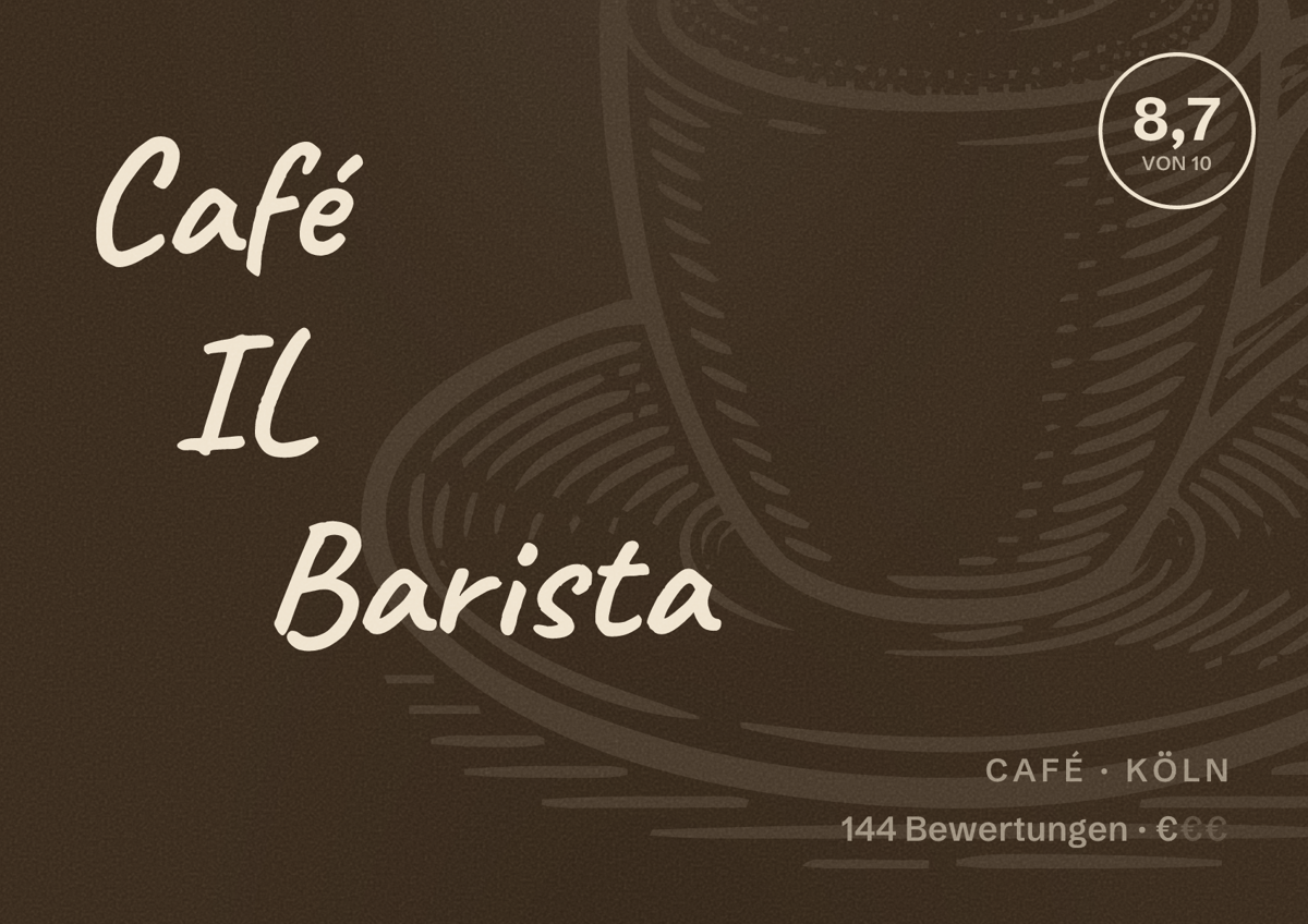 Illustriertes Poster von Café IL Barista, Café in Köln: Bewertung 8,7 von 10 aus 144 Bewertungen, Preisniveau €