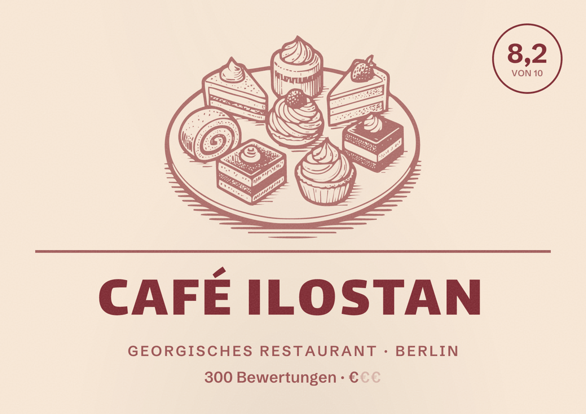 Illustriertes Poster von Café ILOstan, Georgisches Restaurant in Berlin: Bewertung 8,2 von 10 aus 300 Bewertungen, Preisniveau €