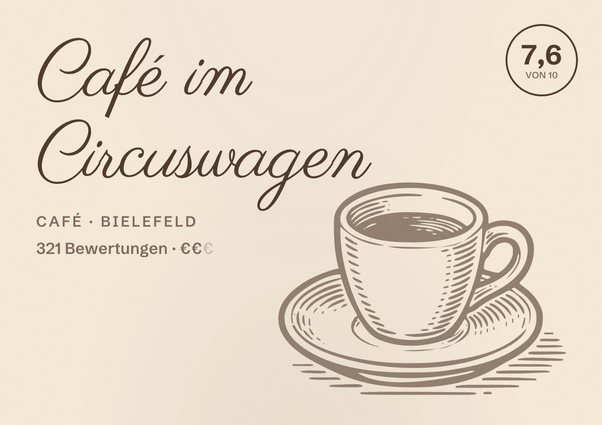 Illustriertes Poster von Café im Circuswagen, Café in Bielefeld: Bewertung 7,6 von 10 aus 321 Bewertungen, Preisniveau €€