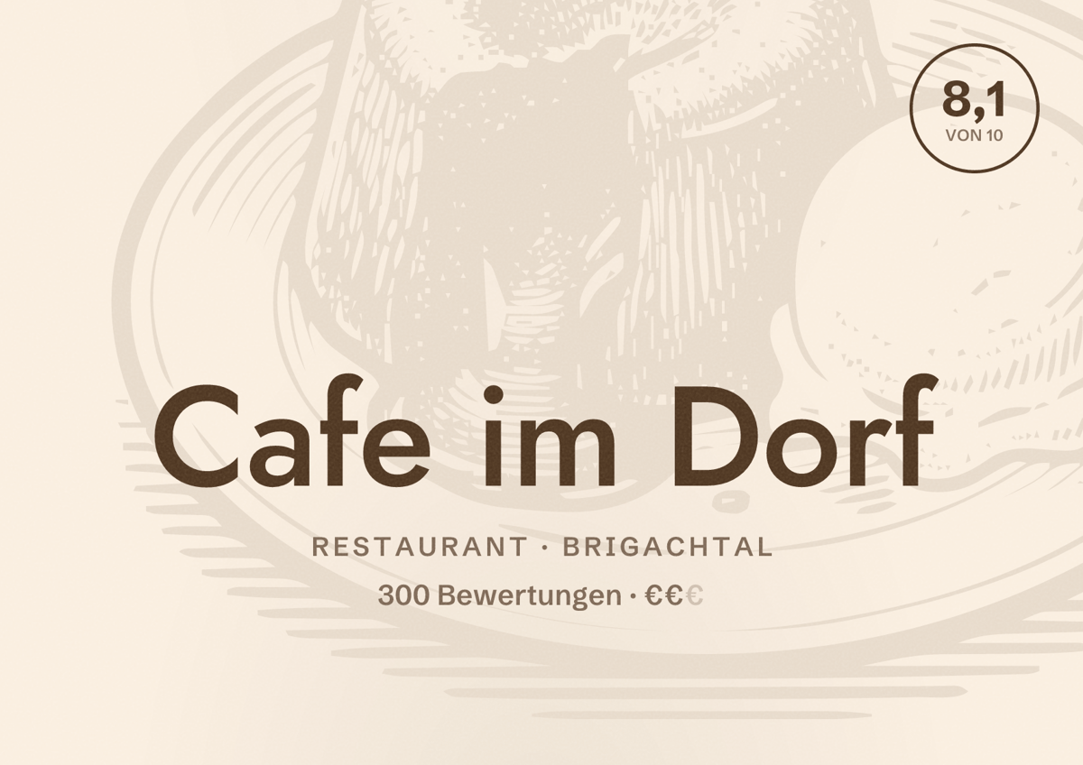 Illustriertes Poster von Cafe im Dorf, Restaurant in Brigachtal: Bewertung 8,1 von 10 aus 300 Bewertungen, Preisniveau €€