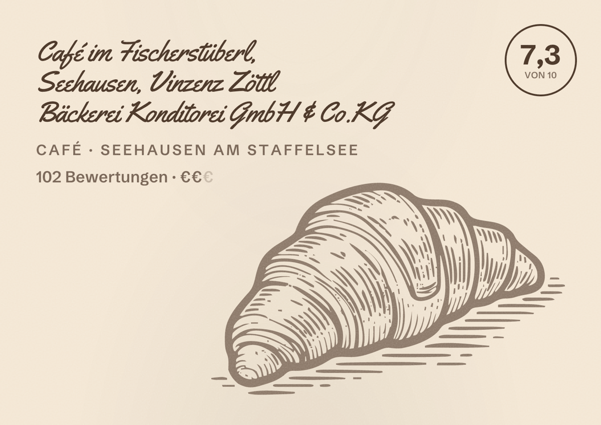 Illustriertes Poster von Café im Fischerstüberl, Seehausen, Vinzenz Zöttl Bäckerei Konditorei GmbH & Co.KG, Café in Seehausen am Staffelsee: Bewertung 7,3 von 10 aus 102 Bewertungen, Preisniveau €€