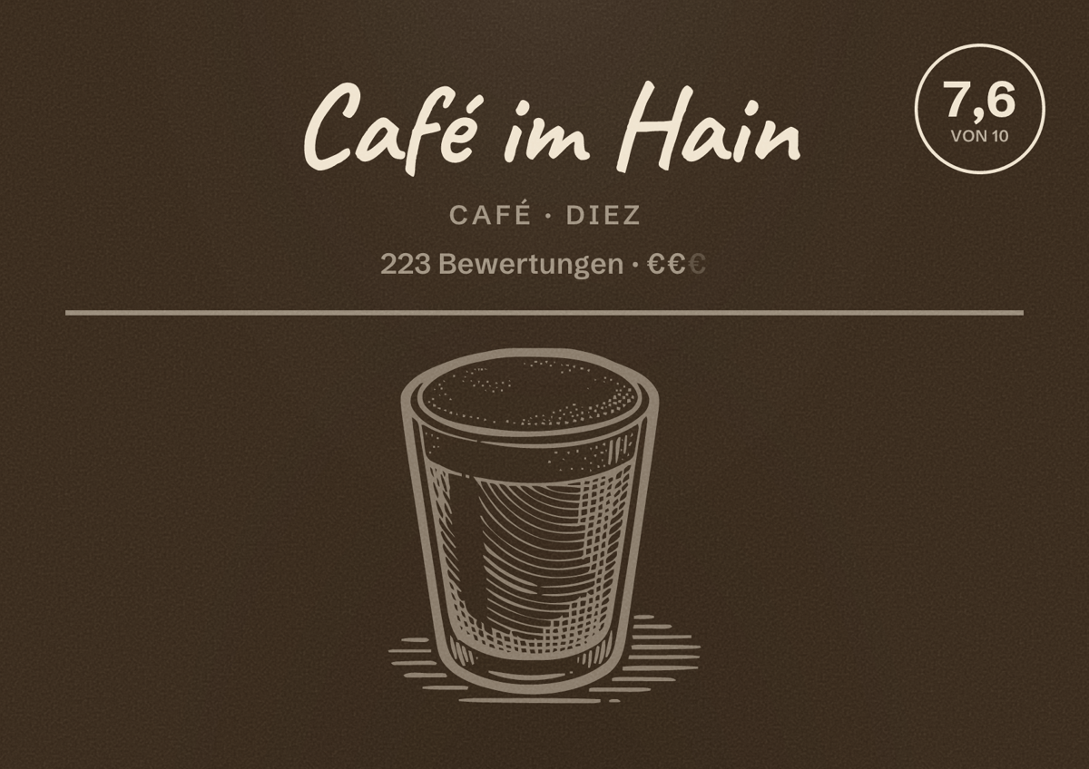 Illustriertes Poster von Café im Hain, Café in Diez: Bewertung 7,6 von 10 aus 223 Bewertungen, Preisniveau €€