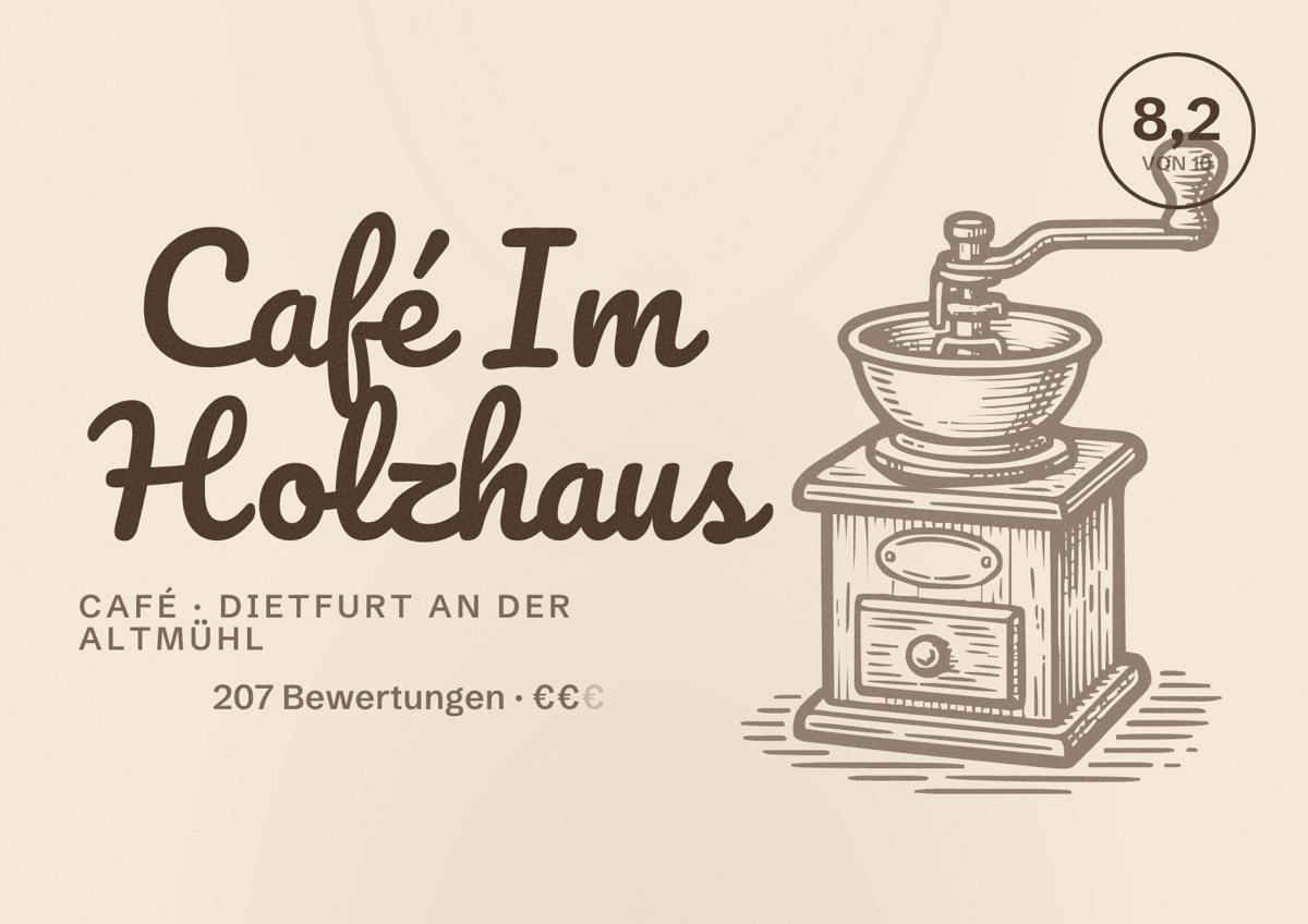 Illustriertes Poster von Café Im Holzhaus, Café in Dietfurt an der Altmühl: Bewertung 8,2 von 10 aus 207 Bewertungen, Preisniveau €€