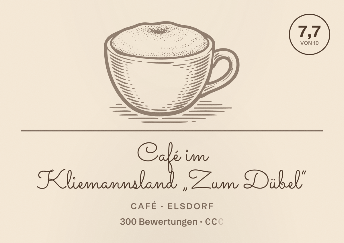 Illustriertes Poster von Café im Kliemannsland „Zum Dübel“, Café in Elsdorf: Bewertung 7,7 von 10 aus 300 Bewertungen, Preisniveau €€