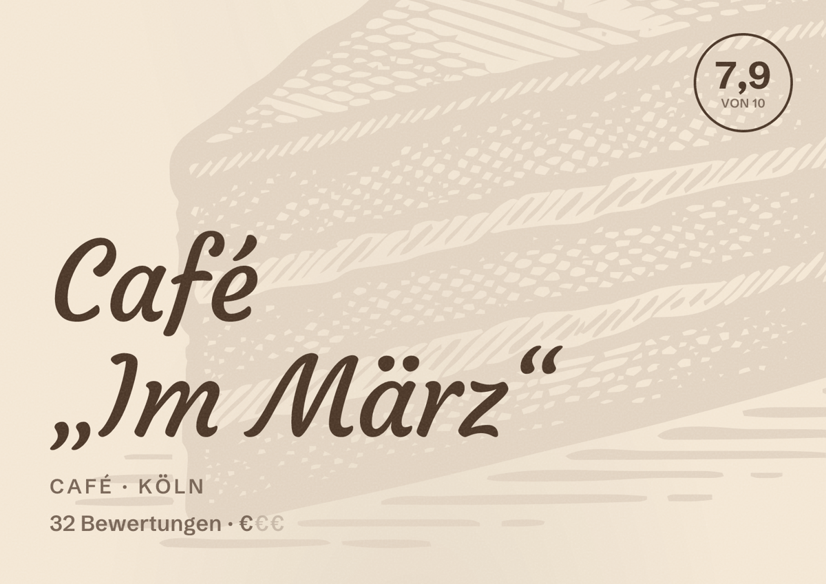 Illustriertes Poster von Café „Im März“, Café in Köln: Bewertung 7,9 von 10 aus 32 Bewertungen, Preisniveau €