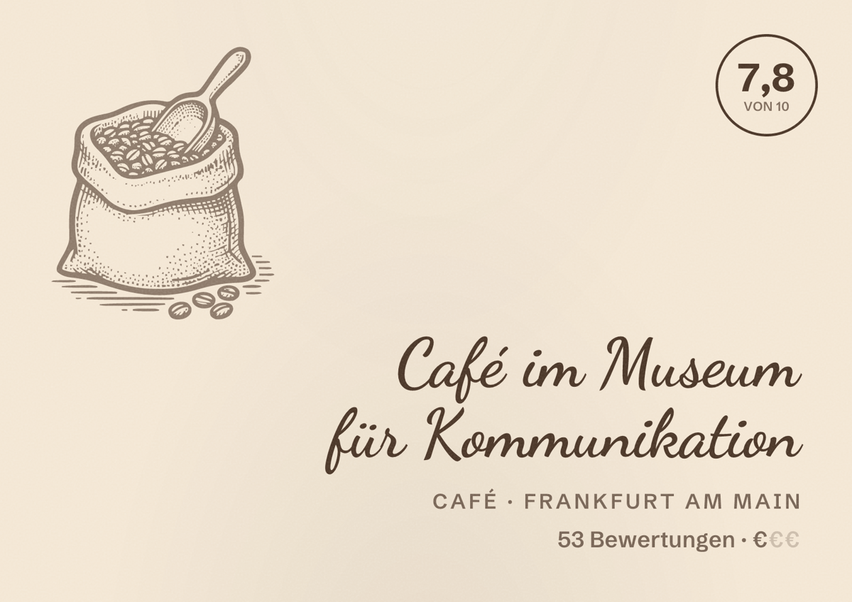 Illustriertes Poster von Café im Museum für Kommunikation, Café in Frankfurt am Main: Bewertung 7,8 von 10 aus 53 Bewertungen, Preisniveau €