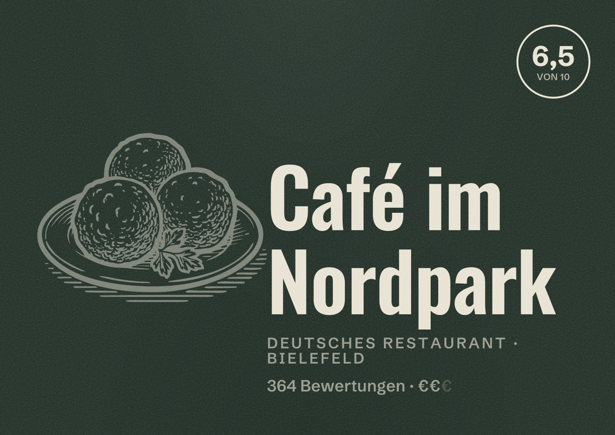 Illustriertes Poster von Café im Nordpark, Deutsches Restaurant in Bielefeld: Bewertung 6,5 von 10 aus 364 Bewertungen, Preisniveau €€