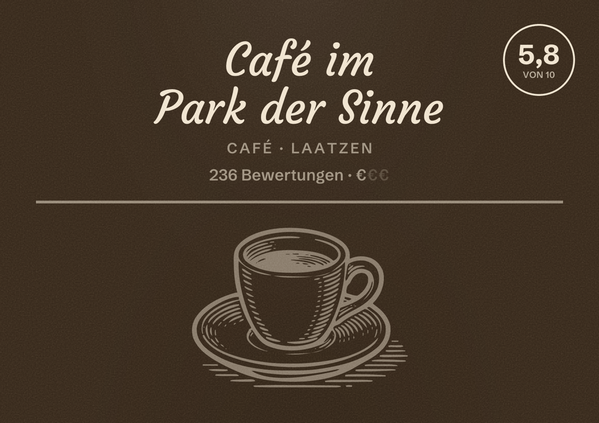 Illustriertes Poster von Café im Park der Sinne, Café in Laatzen: Bewertung 5,8 von 10 aus 236 Bewertungen, Preisniveau €