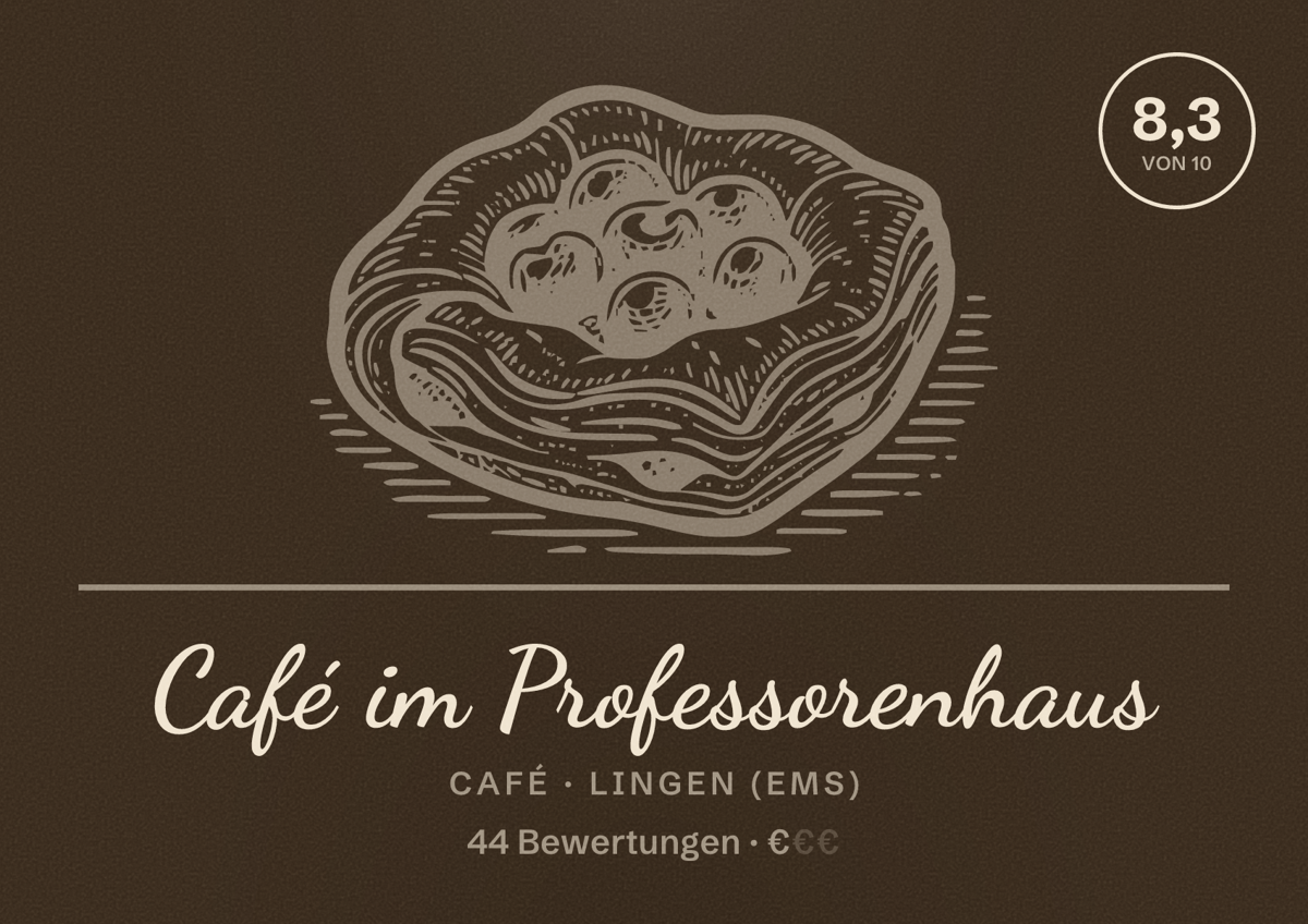Illustriertes Poster von Café im Professorenhaus, Café in Lingen (Ems): Bewertung 8,3 von 10 aus 44 Bewertungen, Preisniveau €