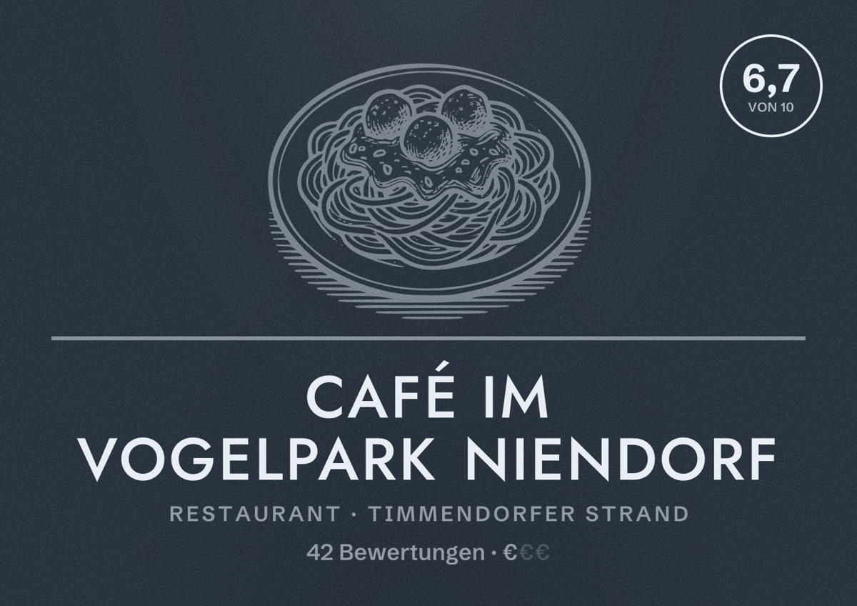 Illustriertes Poster von Café im Vogelpark Niendorf, Restaurant in Timmendorfer Strand: Bewertung 6,7 von 10 aus 42 Bewertungen, Preisniveau €