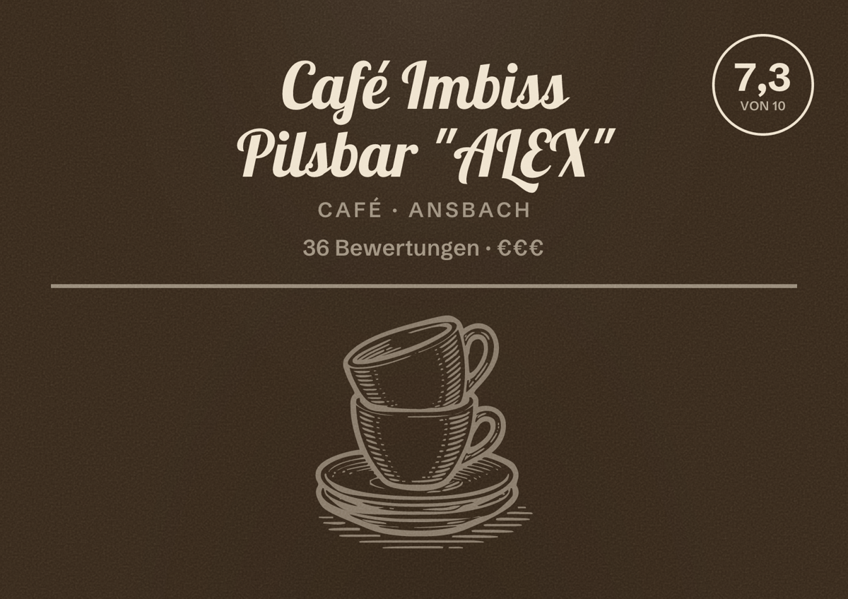 Illustriertes Poster von Café Imbiss Pilsbar "ALEX", Café in Ansbach: Bewertung 7,3 von 10 aus 36 Bewertungen, Preisniveau €€€