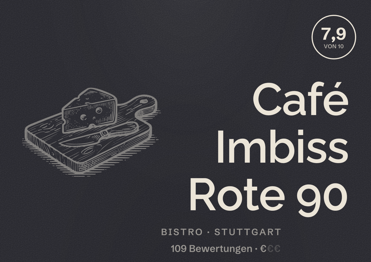 Illustriertes Poster von Café Imbiss Rote 90, Bistro in Stuttgart: Bewertung 7,9 von 10 aus 109 Bewertungen, Preisniveau €