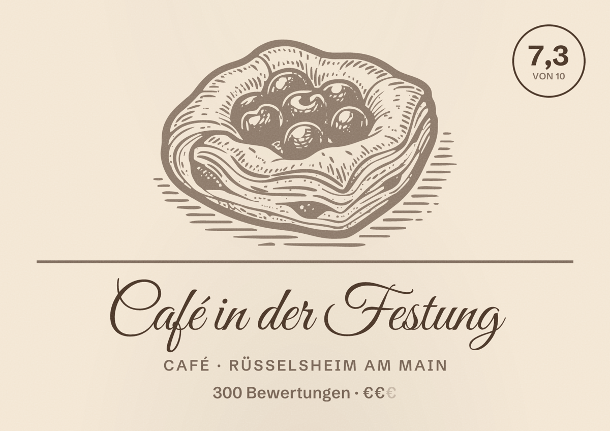 Illustriertes Poster von Café in der Festung, Café in Rüsselsheim am Main: Bewertung 7,3 von 10 aus 300 Bewertungen, Preisniveau €€