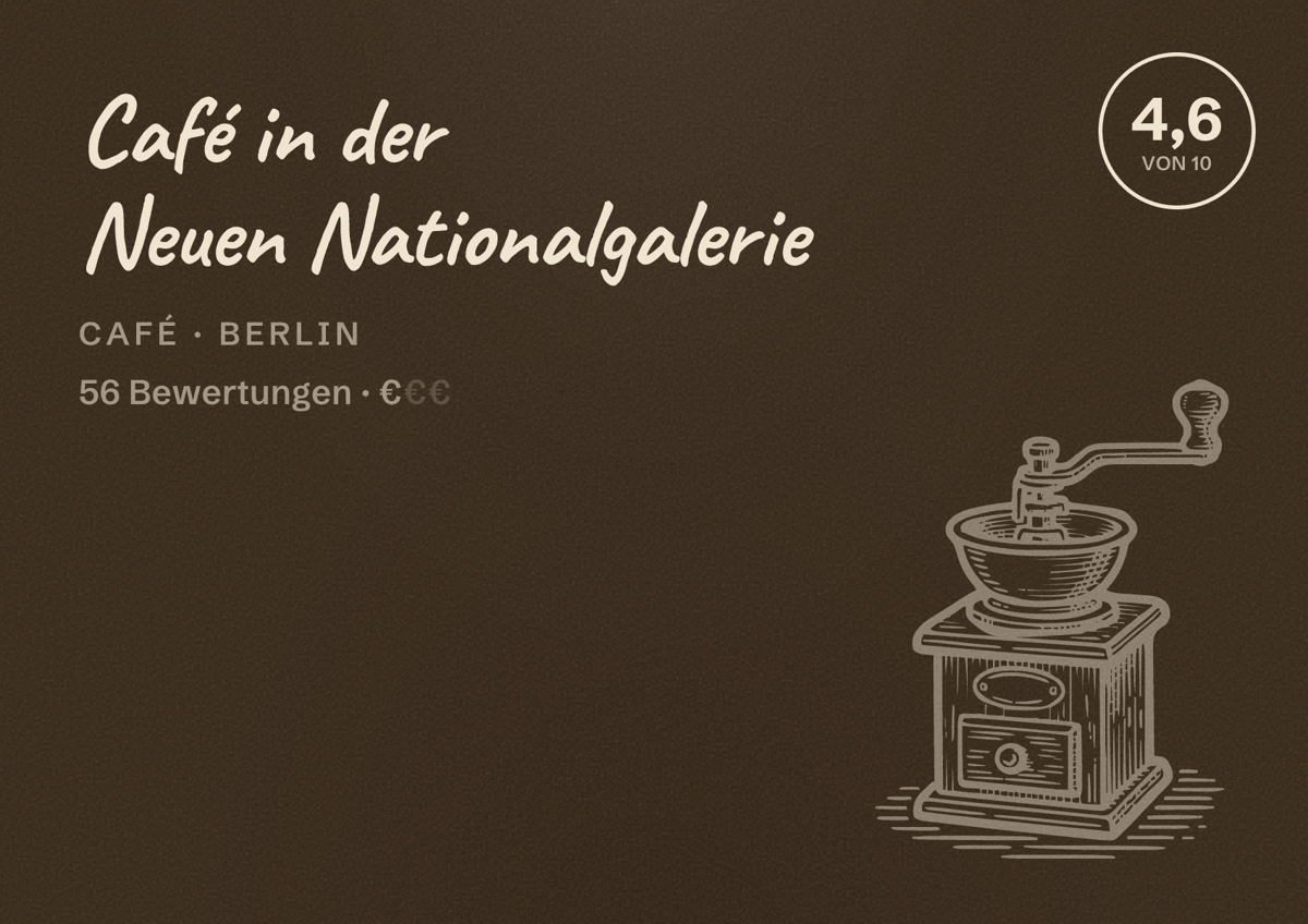 Illustriertes Poster von Café in der Neuen Nationalgalerie, Café in Berlin: Bewertung 4,6 von 10 aus 56 Bewertungen, Preisniveau €