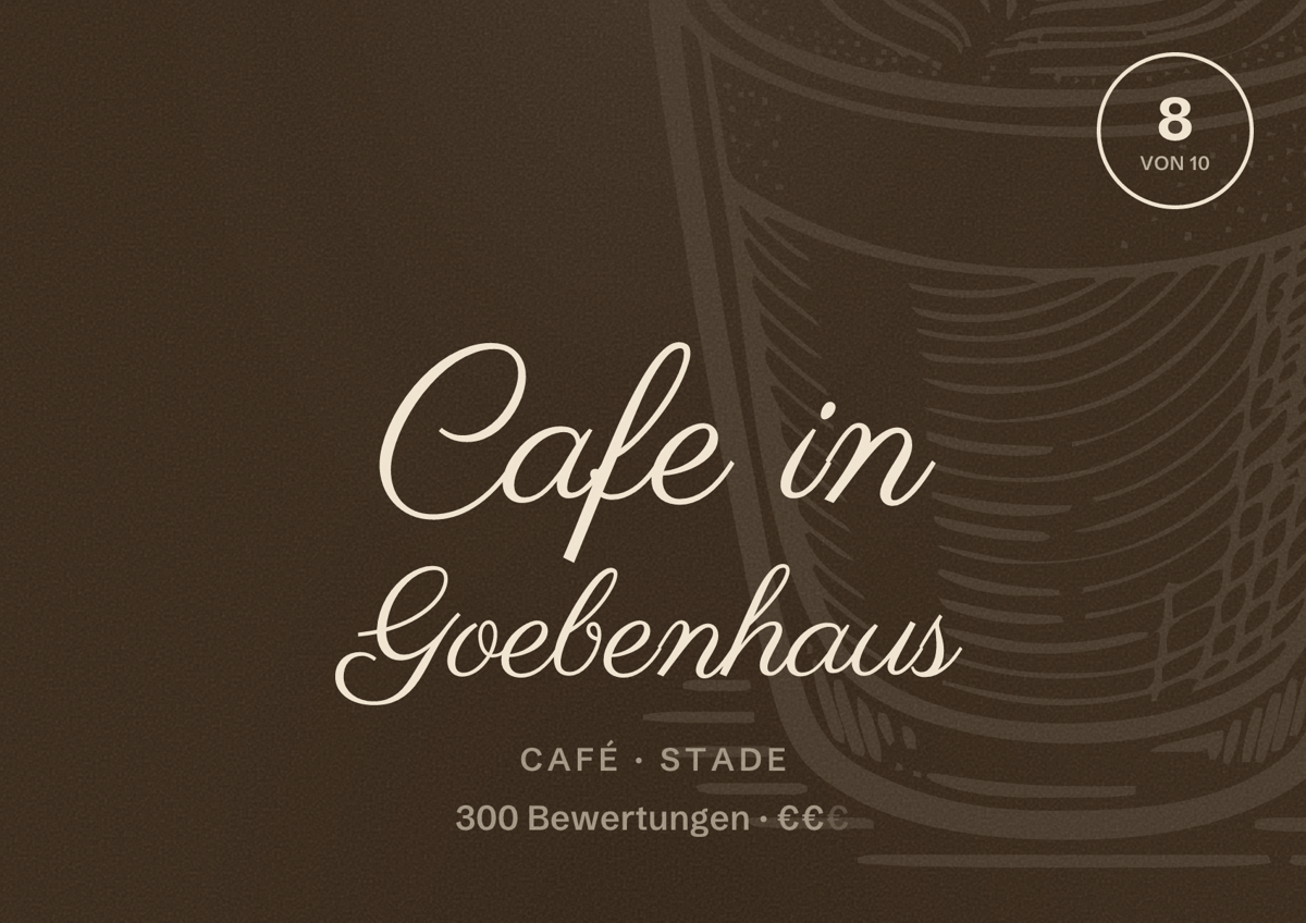Illustriertes Poster von Cafe in Goebenhaus, Café in Stade: Bewertung 8 von 10 aus 300 Bewertungen, Preisniveau €€